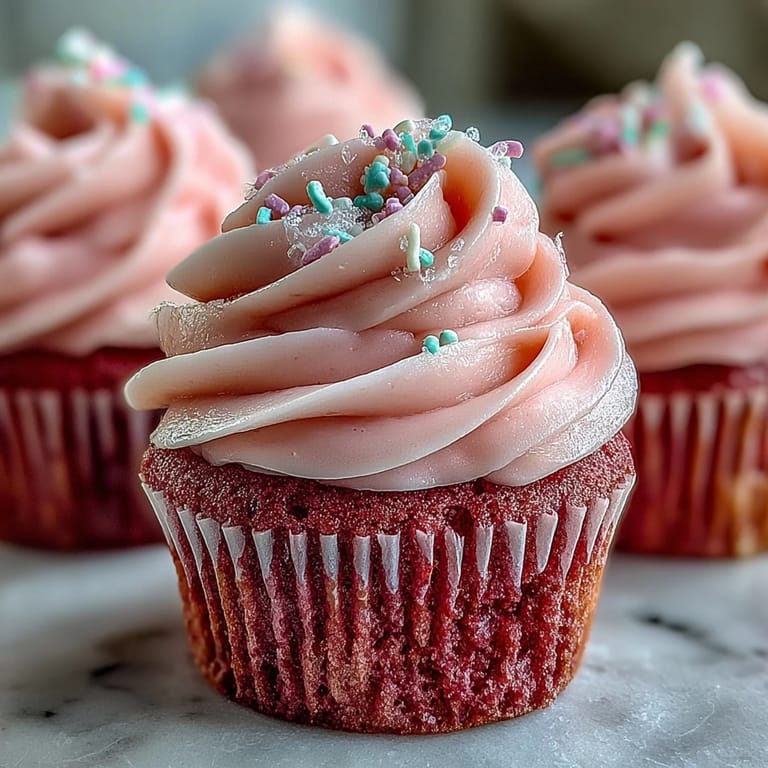 Freshly frosted Pink Velvet Cupcakes with Vanilla Buttercream Frosting arranged on a marble countertop.