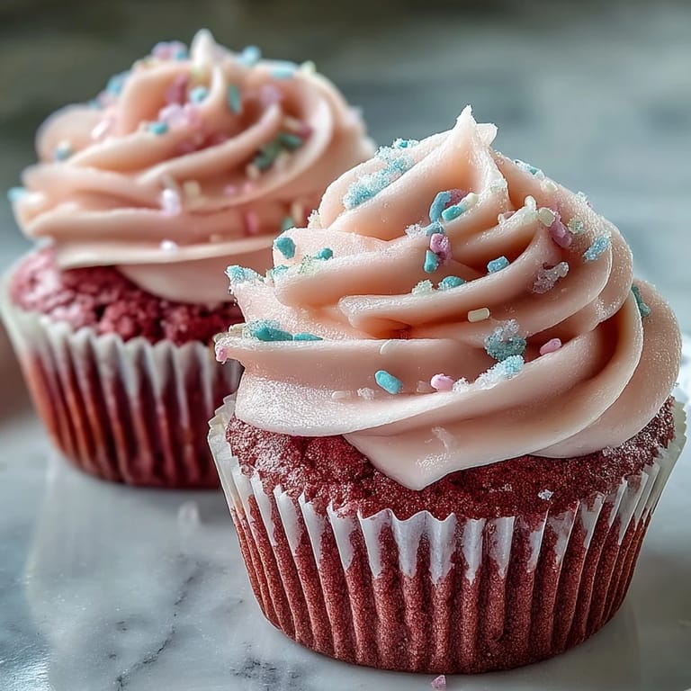 Moist, blush-pink crumb slices of Pink Velvet Cupcakes with Vanilla Buttercream Frosting visible on a dessert plate.
