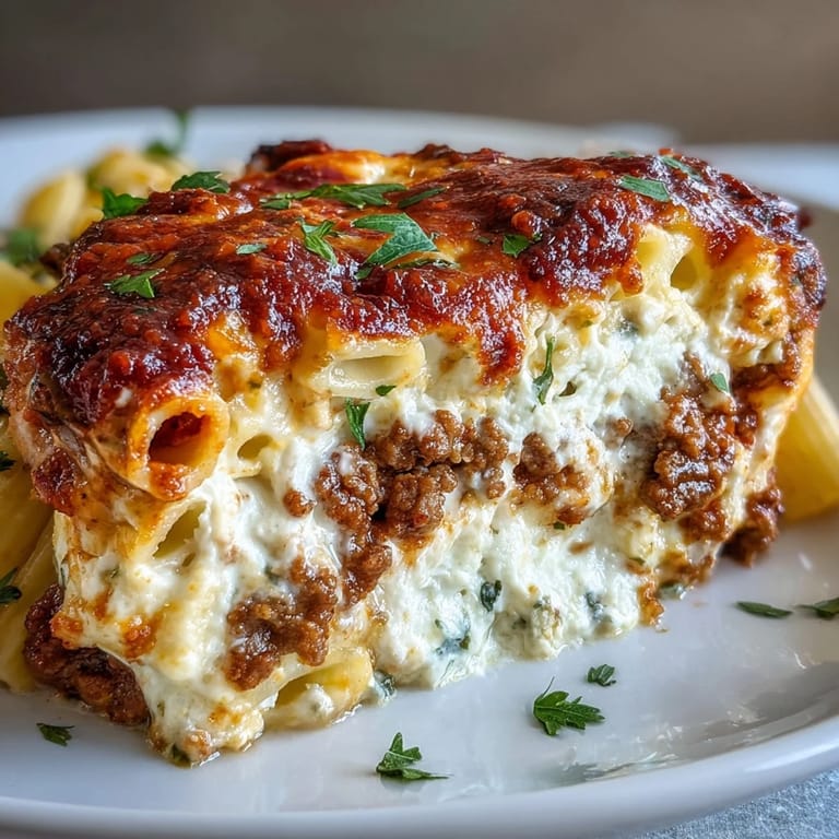 Dampfende Scheiben Cottage Cheese Protein Pasta Bake with Ground Beef neben einer Gabel und Serviette auf marmoriertem Hintergrund.