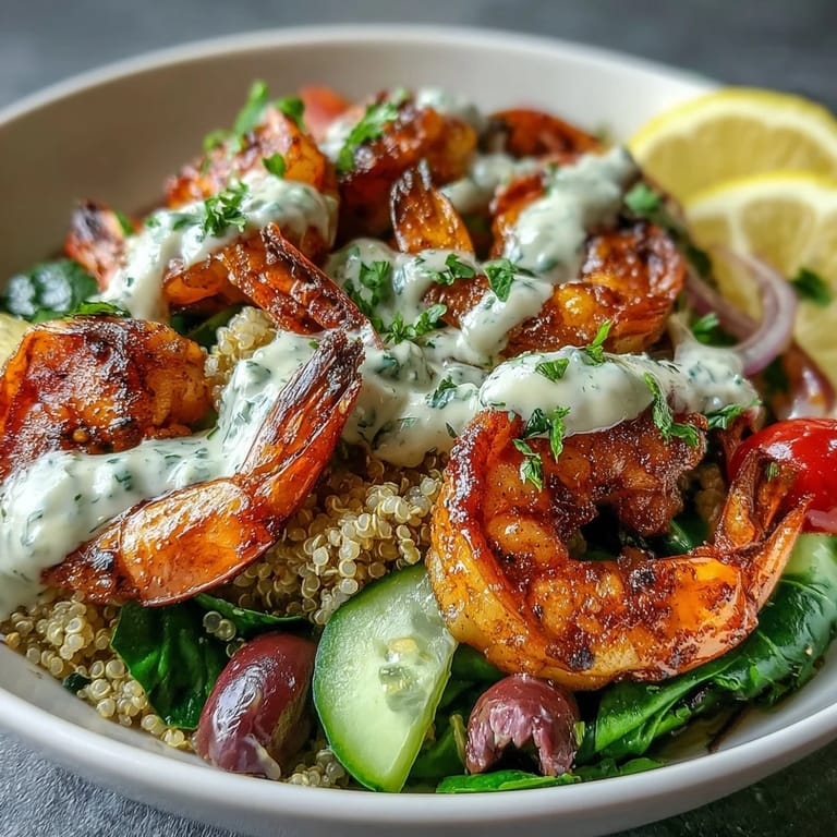 Healthy Mediterranean Shrimp Bowl arranged in a white bowl, garnished with fresh parsley and lemon wedges for a zesty finish.