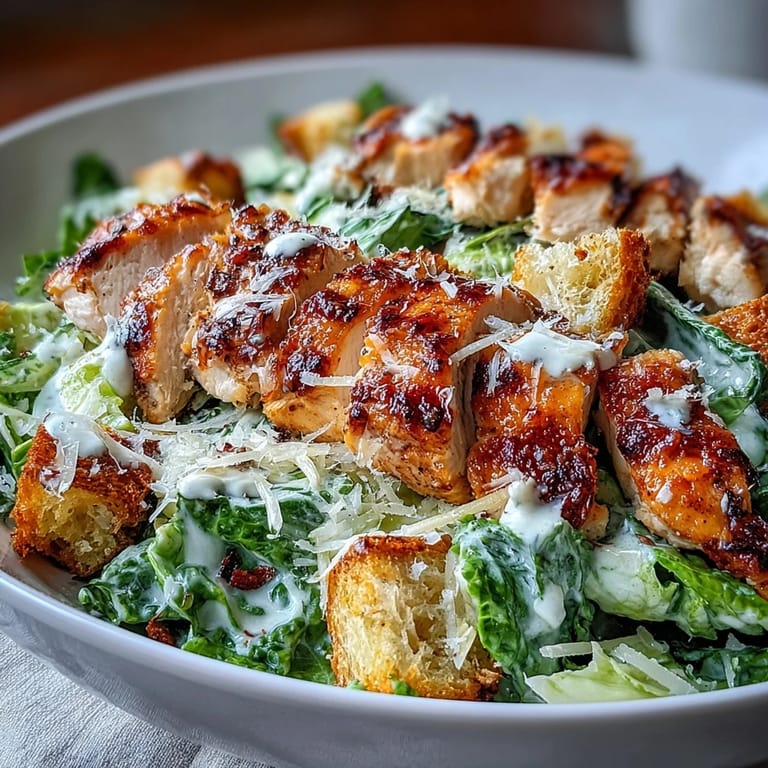 Frisch zubereiteter Caesar Chicken Bowl mit gegrilltem Hähnchen, Römersalat, Croutons und würziger Cremesauce zum Mittagessen.