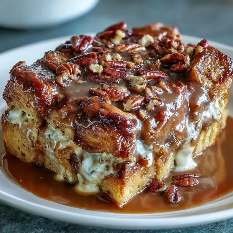 Freshly baked Guava Caramel Bread Pudding With Pecans, gooey texture, on a rustic wooden table.