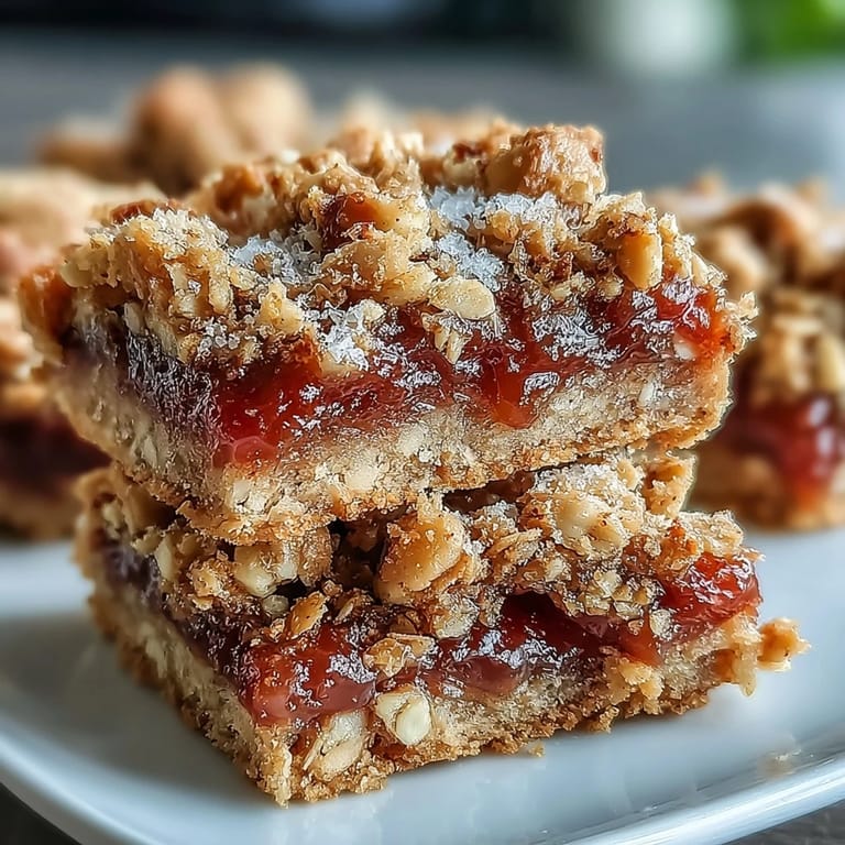 Köstliche Guava Jam Bars mit goldbraunem Kokos-Macadamia-Crumble auf Pergament im Ofen.