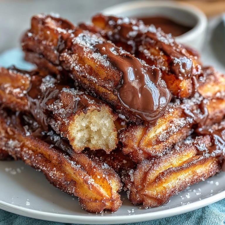 Kleine, goldene Churro-Bissen, knusprig außen, weich innen, in Zimtzucker gewälzt und mit reicher Schokoladensoße serviert.