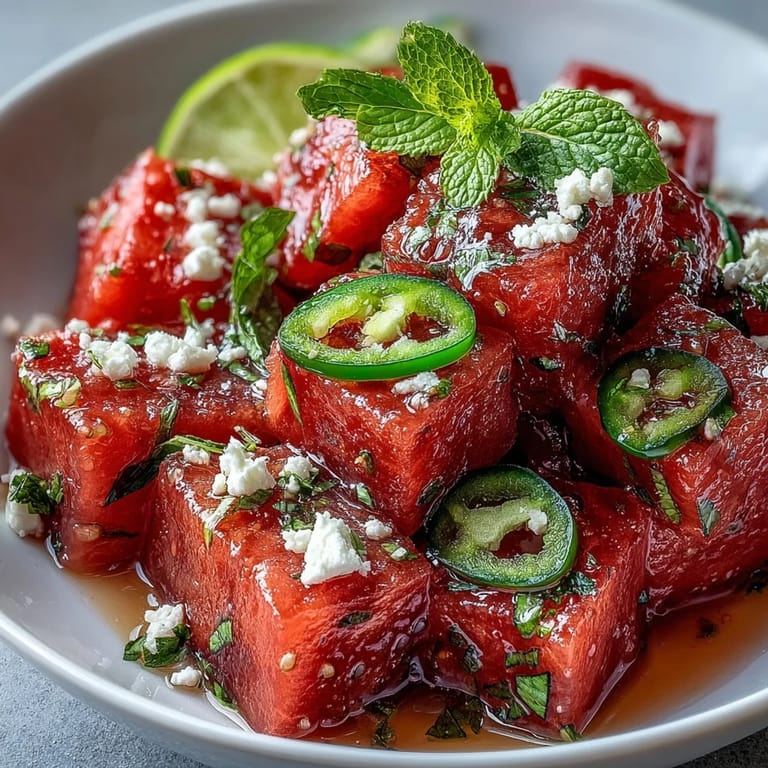 Belebender Wassermelonen-Chili-Limettensalat, garniert mit Minzblättern und einem Hauch von Schärfe.