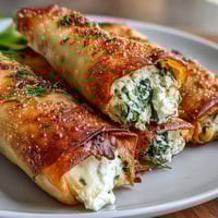 Goldene Spanakopita Spring Rolls, gefüllt mit cremigem Spinat und Feta, auf einer Holzplatte angerichtet.