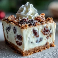 Generous slices of Christmas Cheesecake Slab topped with fluffy whipped cream and a snowy dusting of powdered sugar sit on a rustic wooden table.