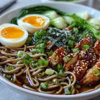 Dampfende Healthy Miso Chicken Noodle Bowls mit Wackelnudeln, Gochujang-Ei und Sesam in Schalen.