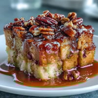 Warm Guava Caramel Bread Pudding With Pecans served in a white dish, drizzled with caramel.