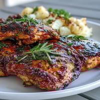 Rosmarinhähnchen mit Zitrone und Kartoffeln, goldbraun geröstet und duftend nach frischen Kräutern.