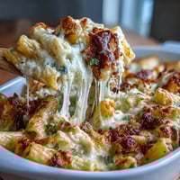 Ein Topf Cheesy Pasta Bake mit geschmolzenem Käse und würziger Tomatensauce.  